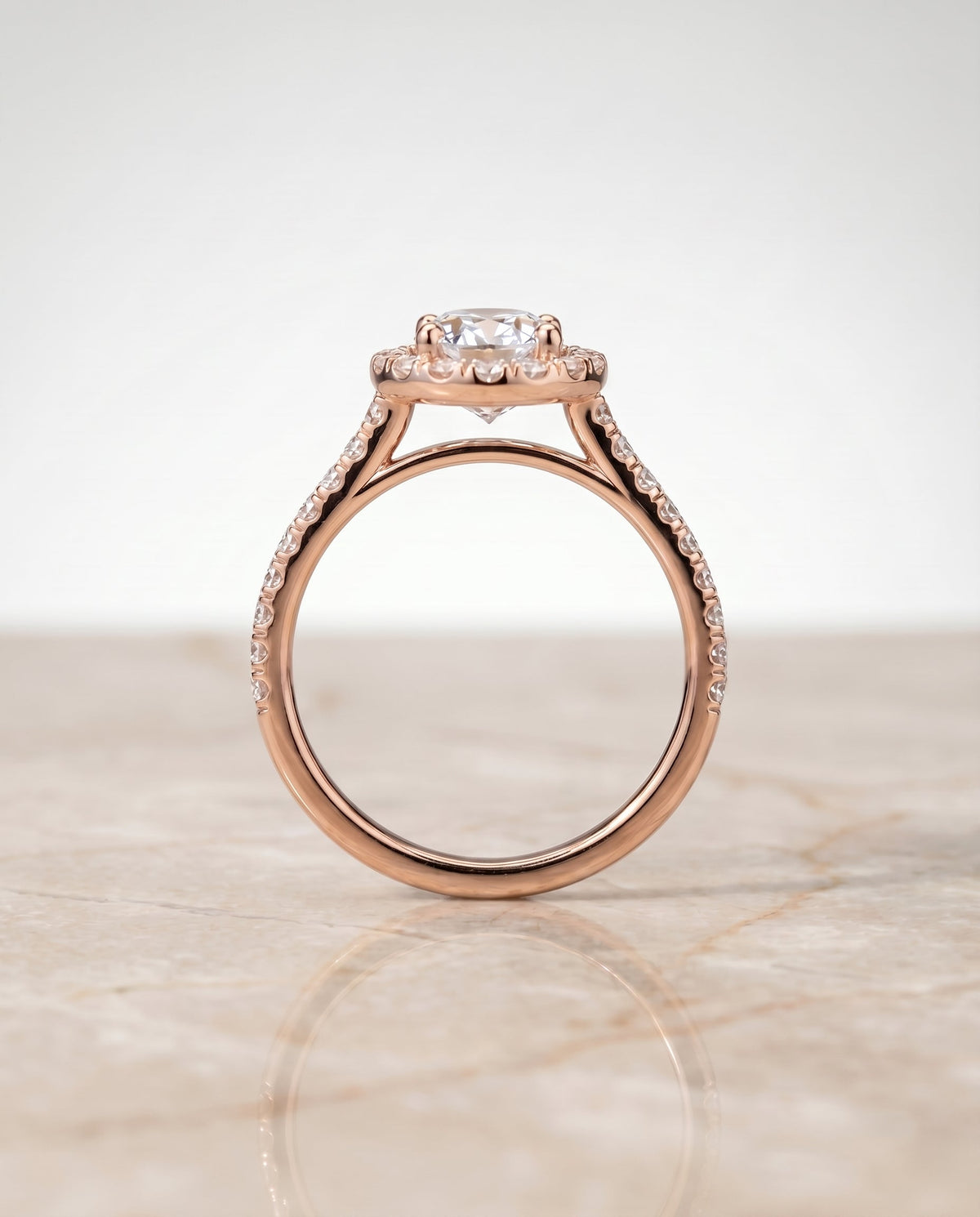 Sade Select Halo Oval Lab Diamond Engagement Ring in 14K Rose Gold, side view | RockHer