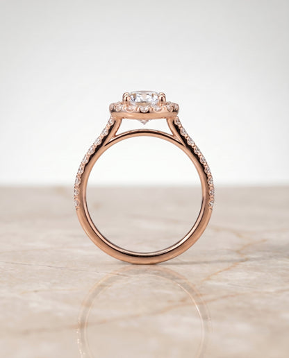 Sade Select Halo Oval Lab Diamond Engagement Ring in 14K Rose Gold, side view | RockHer