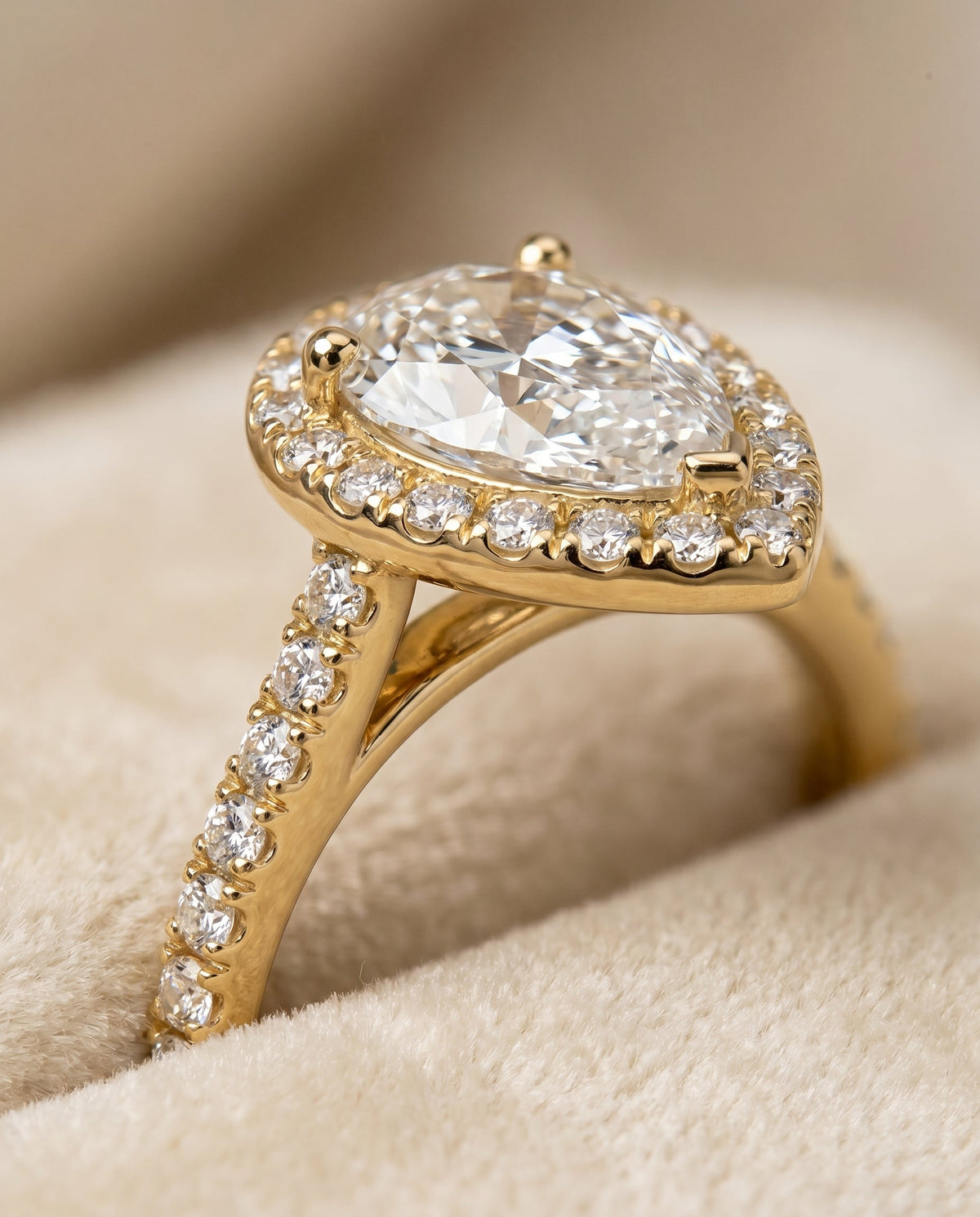 Sade Select Halo Pear Lab Diamond Engagement Ring in 18K Yellow Gold, detail view | RockHer
