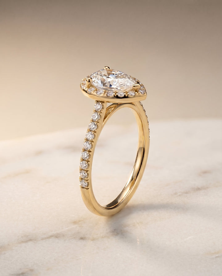 Sade Select Halo Pear Lab Diamond Engagement Ring in 18K Yellow Gold, front view | RockHer