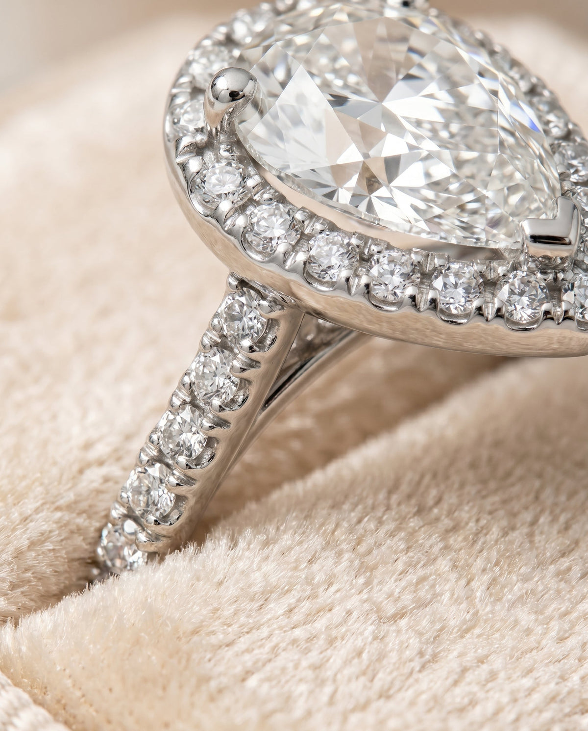 Sade Select Halo Pear Lab Diamond Engagement Ring in 18K White Gold, detail view | RockHer