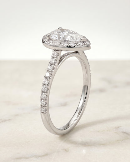 The Sade Classic French Pavé Halo Linear Pear Engagement Ring Setting in Platinum