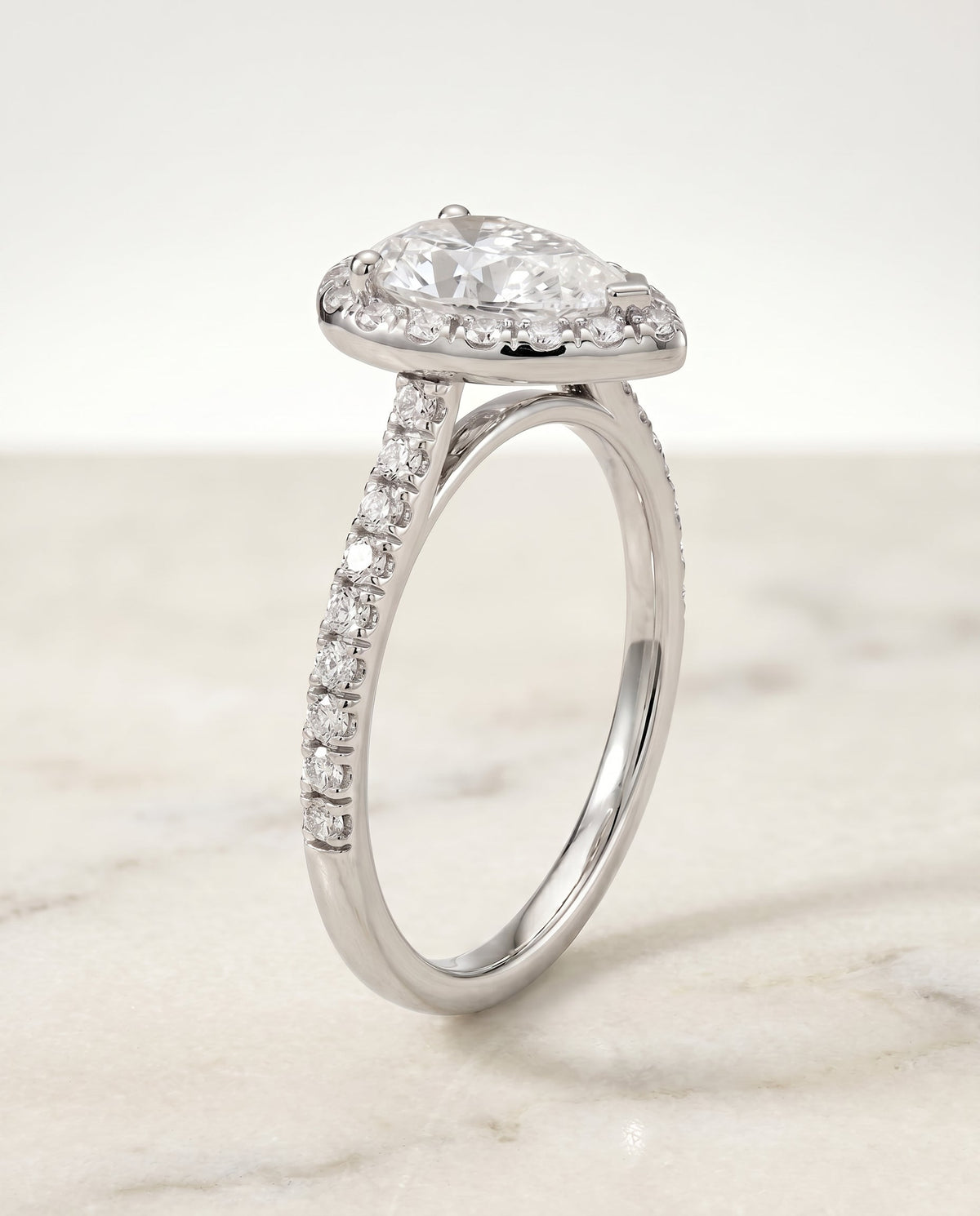 Sade Select Halo Pear Lab Diamond Engagement Ring in Platinum, front view | RockHer