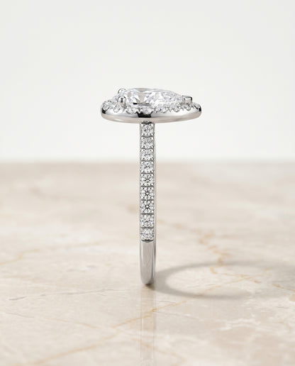 The Sade Classic French Pavé Halo Linear Pear Engagement Ring Setting in Platinum