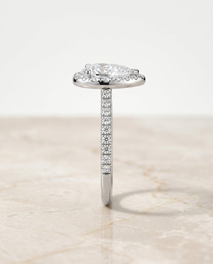 Sade Select Halo Pear Lab Diamond Engagement Ring in 18K White Gold, side view | RockHer