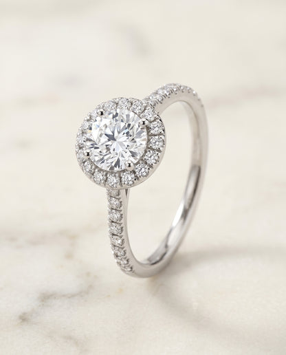 The Sade Classic French Pavé Halo Linear Round Engagement Ring Setting in Platinum