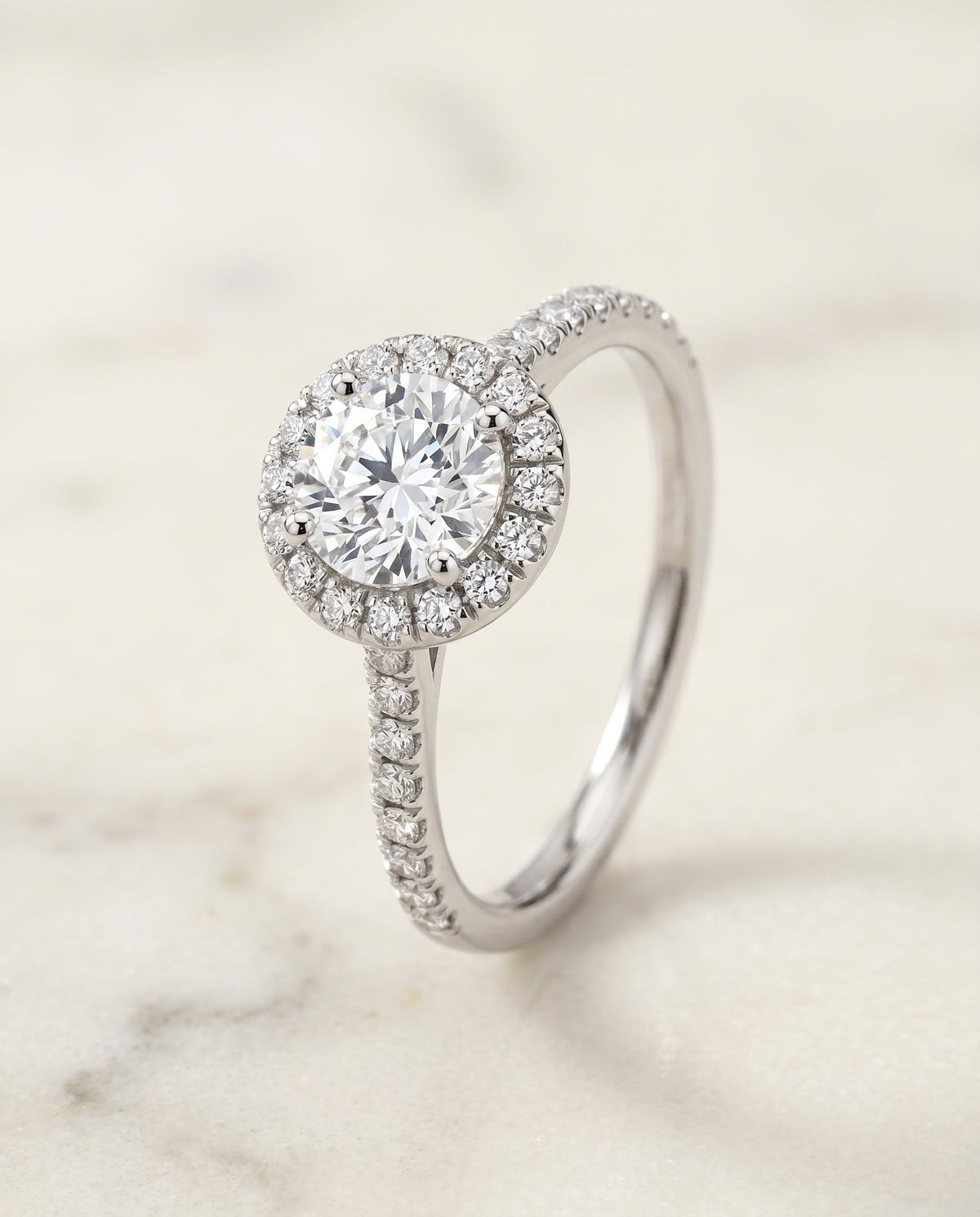 Sade Select Halo Round Lab Diamond Engagement Ring in Platinum, front view | RockHer