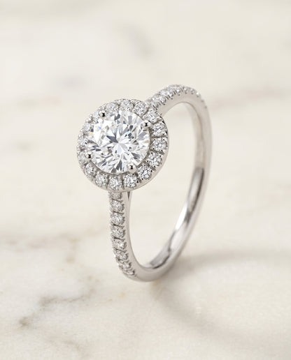 Sade Select Halo Round Lab Diamond Engagement Ring in 18K White Gold, front view | RockHer