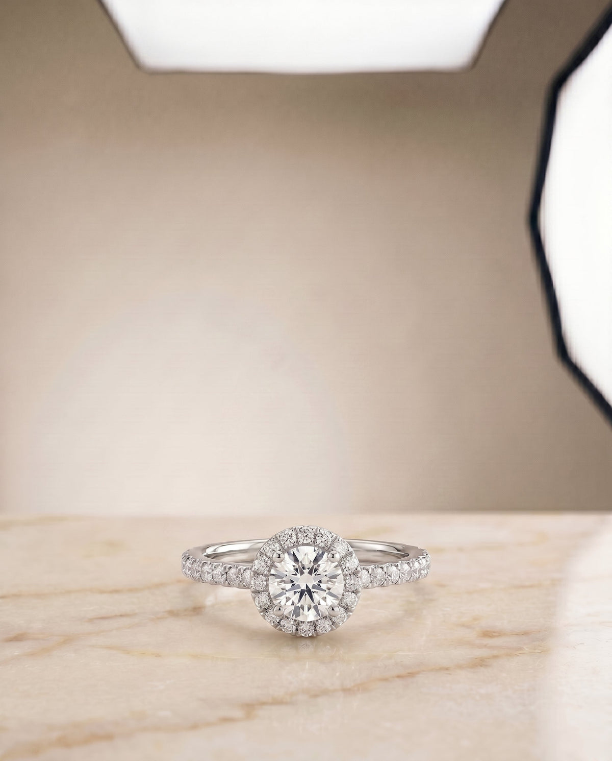 Sade Select Halo Round Lab Diamond Engagement Ring in 18K White Gold, shown on hand, angled | RockHer
