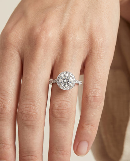 The Sade Classic French Pavé Halo Linear Round Engagement Ring Setting in Platinum