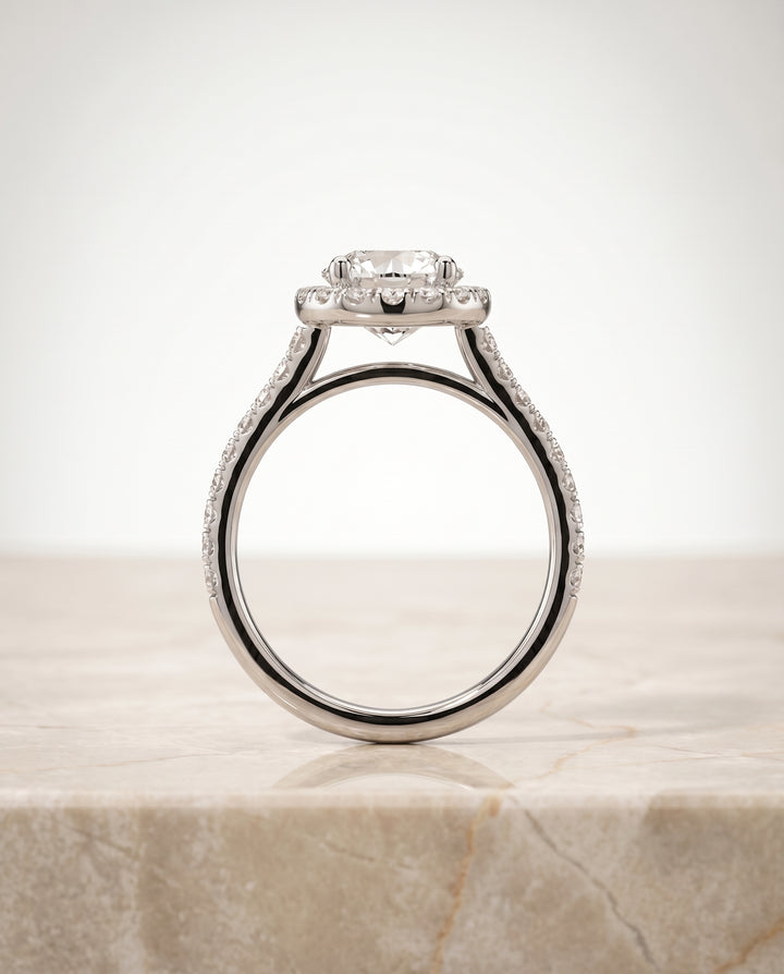 The Sade Classic French Pavé Halo Linear Round Engagement Ring Setting in Platinum