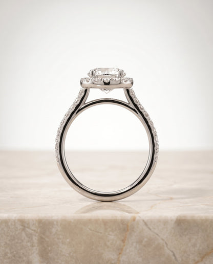Sade Select Halo Round Lab Diamond Engagement Ring in Platinum, side view | RockHer