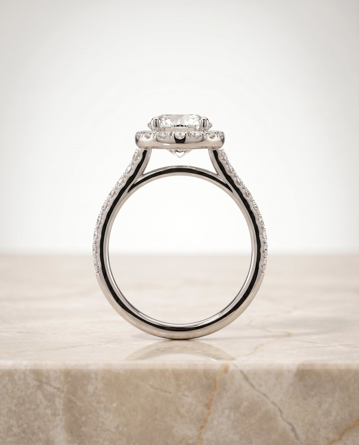 Sade Select Halo Round Lab Diamond Engagement Ring in 18K White Gold, side view | RockHer