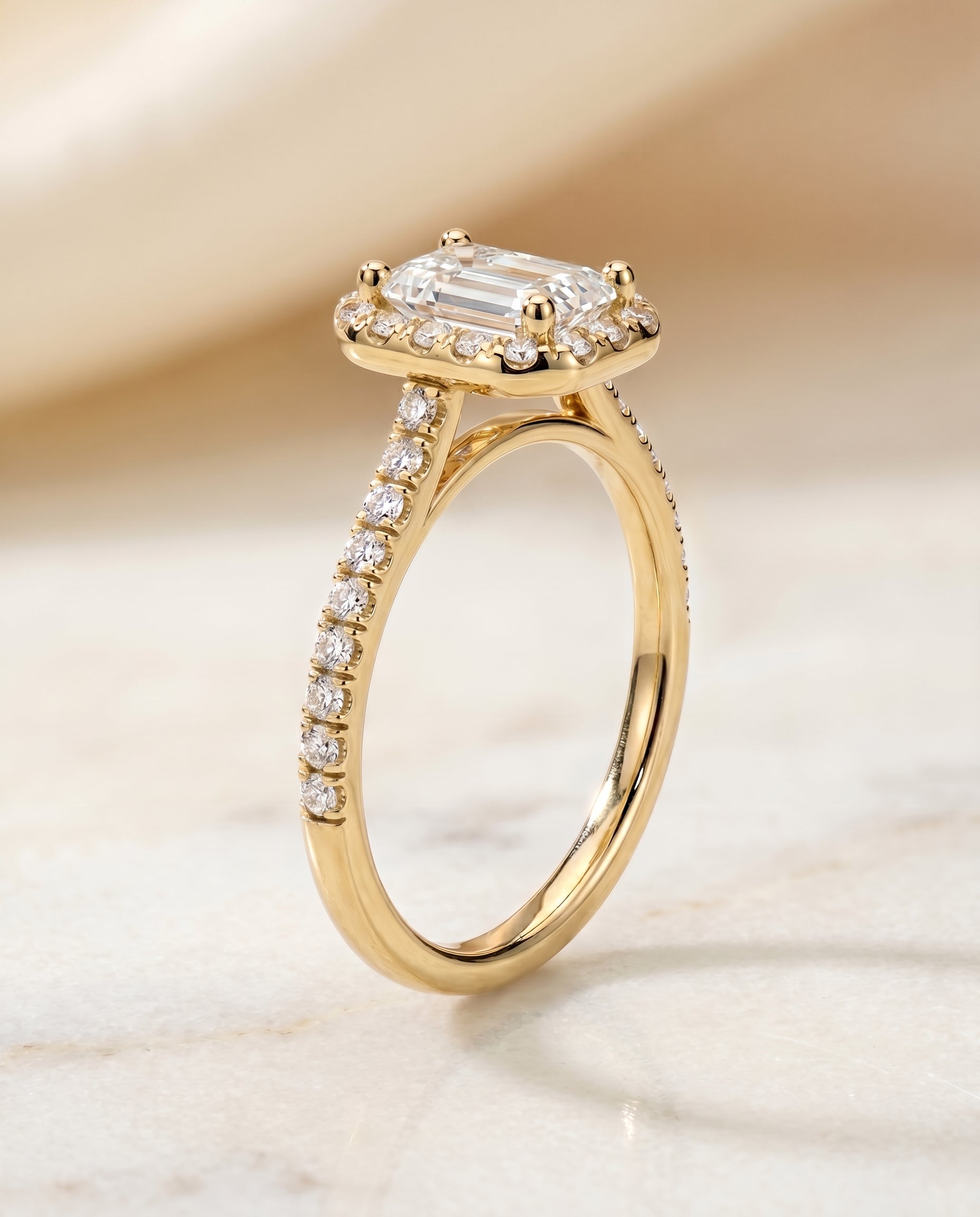 Sade Select Halo Emerald Cut Lab Diamond Engagement Ring in 18K Yellow Gold, front view | RockHer