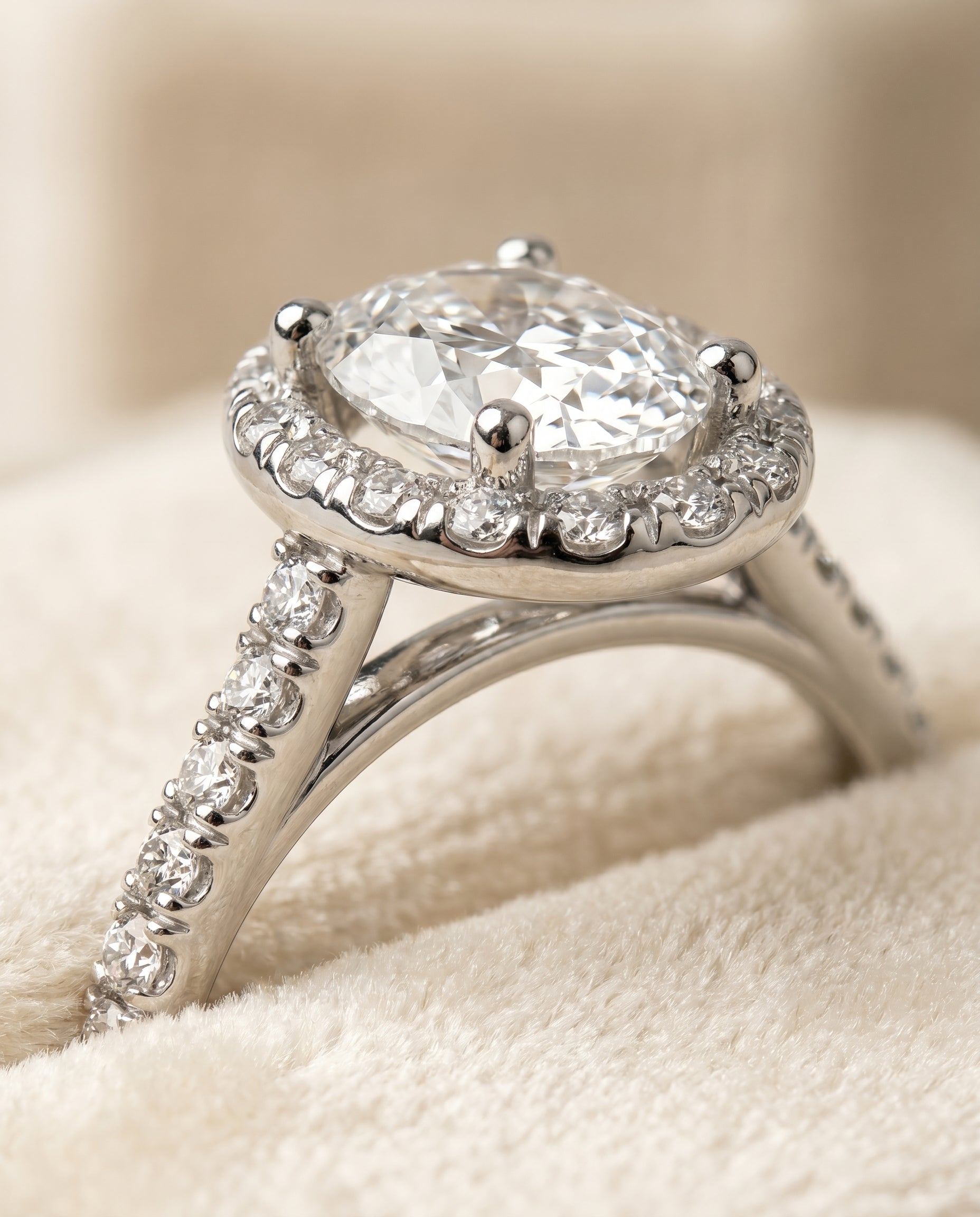 Sade Select Classic French Pavé Halo Linear Oval Lab Diamond Engagement Ring in Platinum, detail view | RockHer