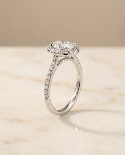 Sade Select Classic French Pavé Halo Linear Oval Lab Diamond Engagement Ring in Platinum, front view | RockHer