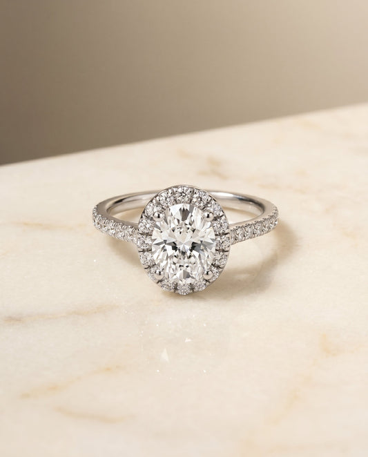 Sade Select Classic French Pave Halo Linear Oval in 18K White Gold – view 1