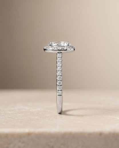 The Sade Classic French Pavé Halo Linear Oval Engagement Ring Setting in Platinum