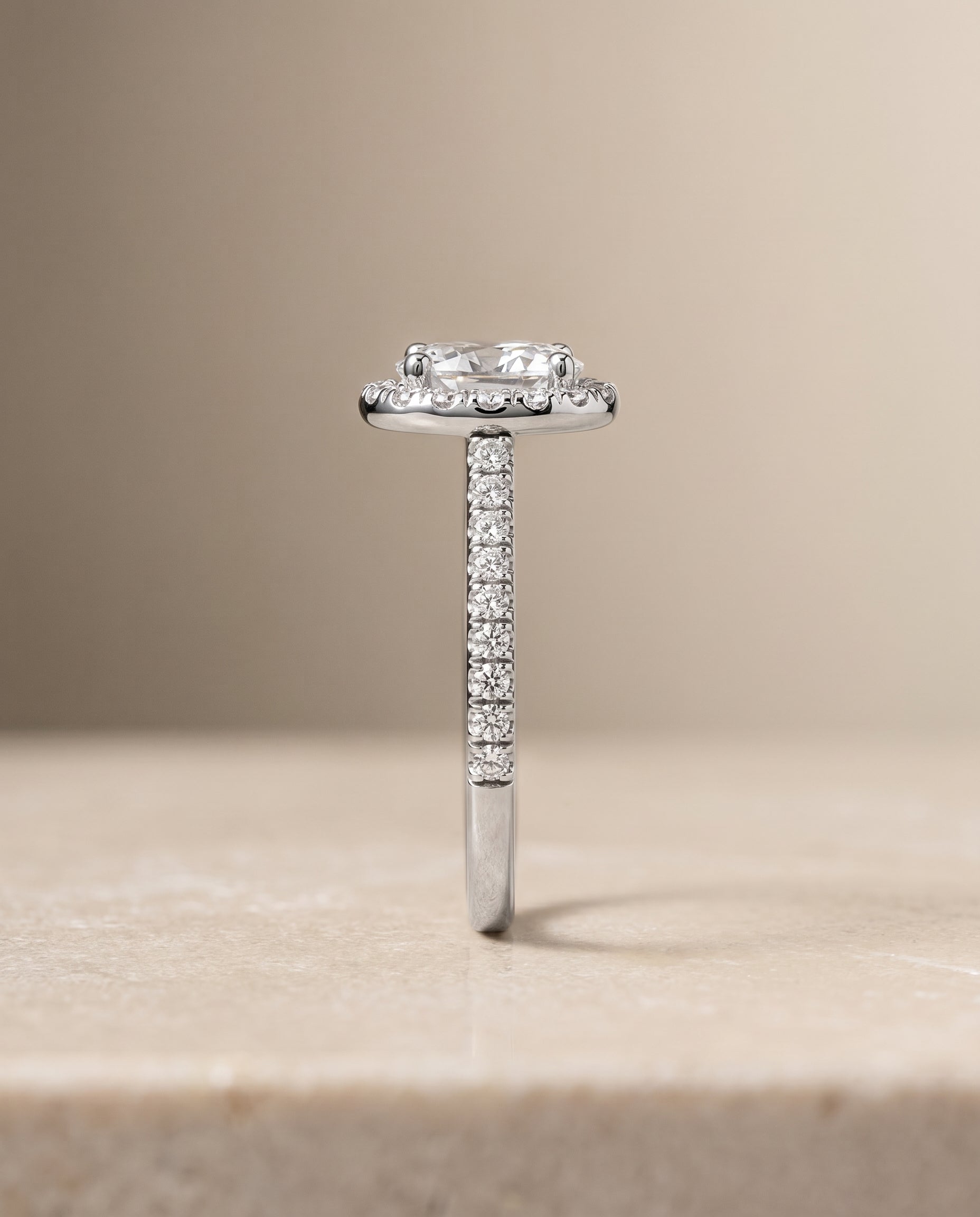 Sade Select Classic French Pavé Halo Linear Oval Lab Diamond Engagement Ring in 18K White Gold, side view | RockHer