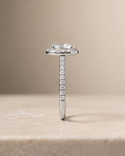 Sade Select Classic French Pavé Halo Linear Oval Lab Diamond Engagement Ring in 18K White Gold, side view | RockHer
