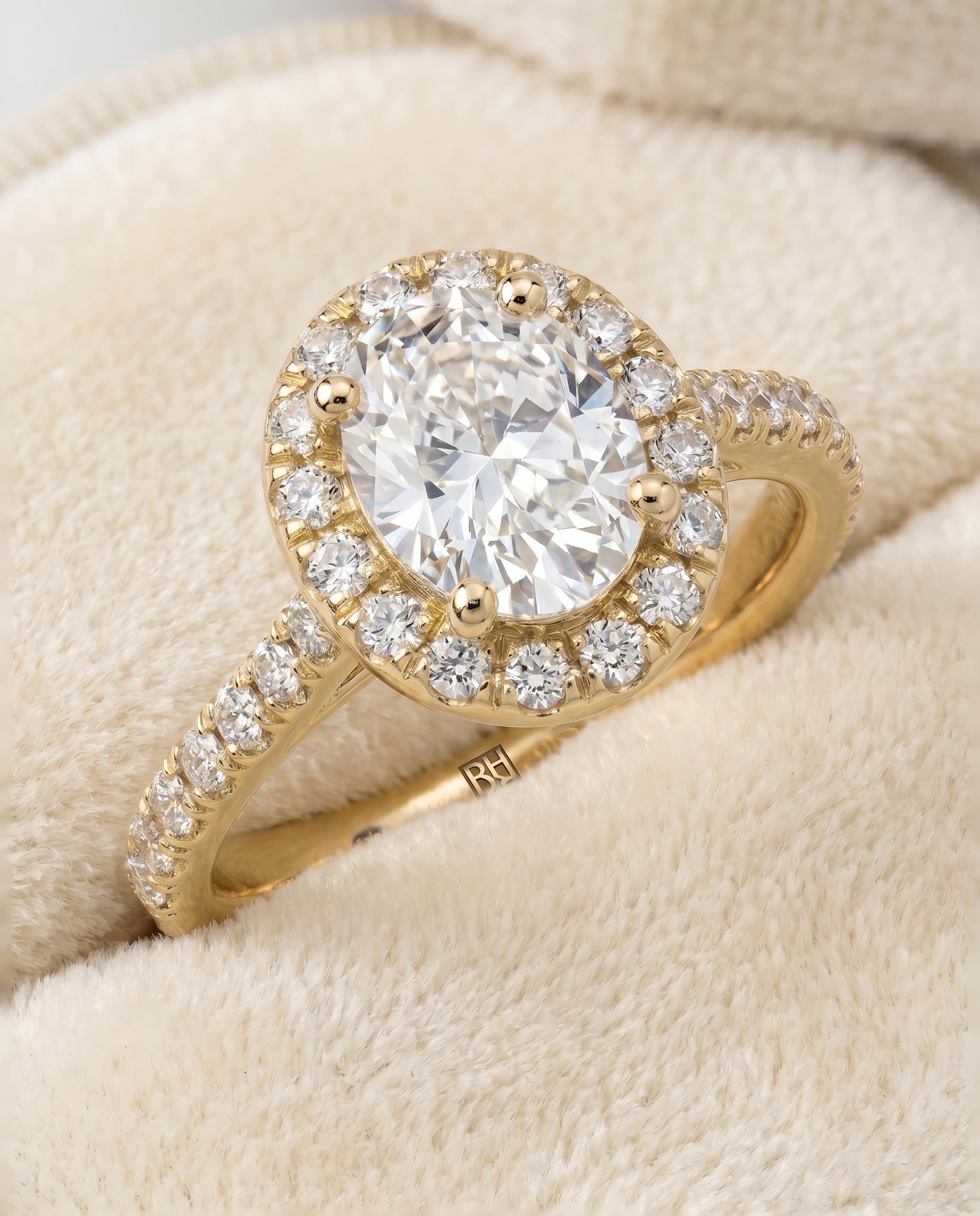 Sade Select Classic French Pavé Halo Linear Oval Lab Diamond Engagement Ring in 18K Yellow Gold, detail view | RockHer