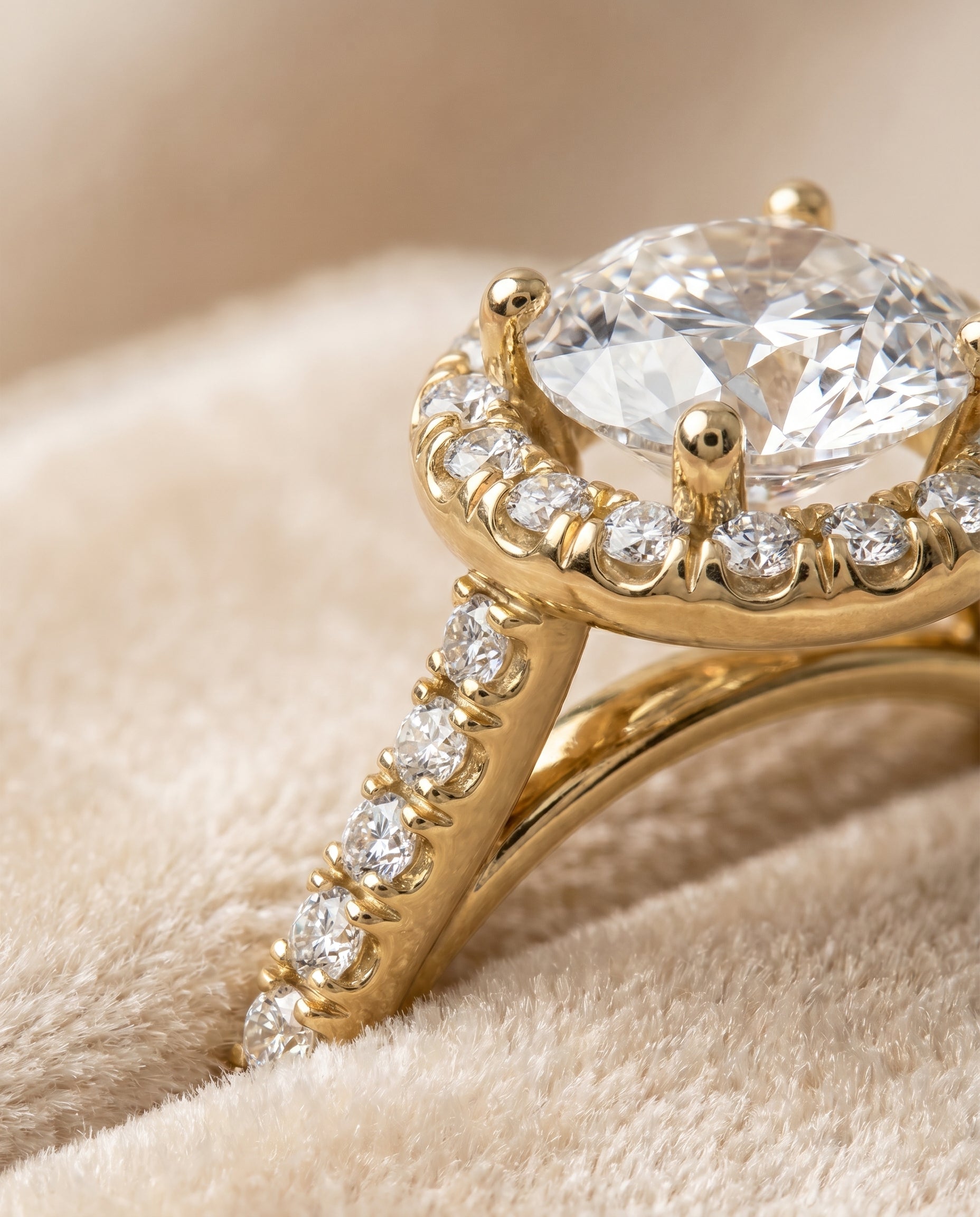 Sade Select Halo Round Lab Diamond Engagement Ring in 18K Yellow Gold, detail view | RockHer