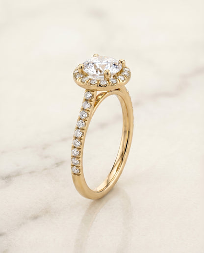 The Sade Classic French Pavé Halo Linear Round Engagement Ring Setting in 18K Yellow Gold