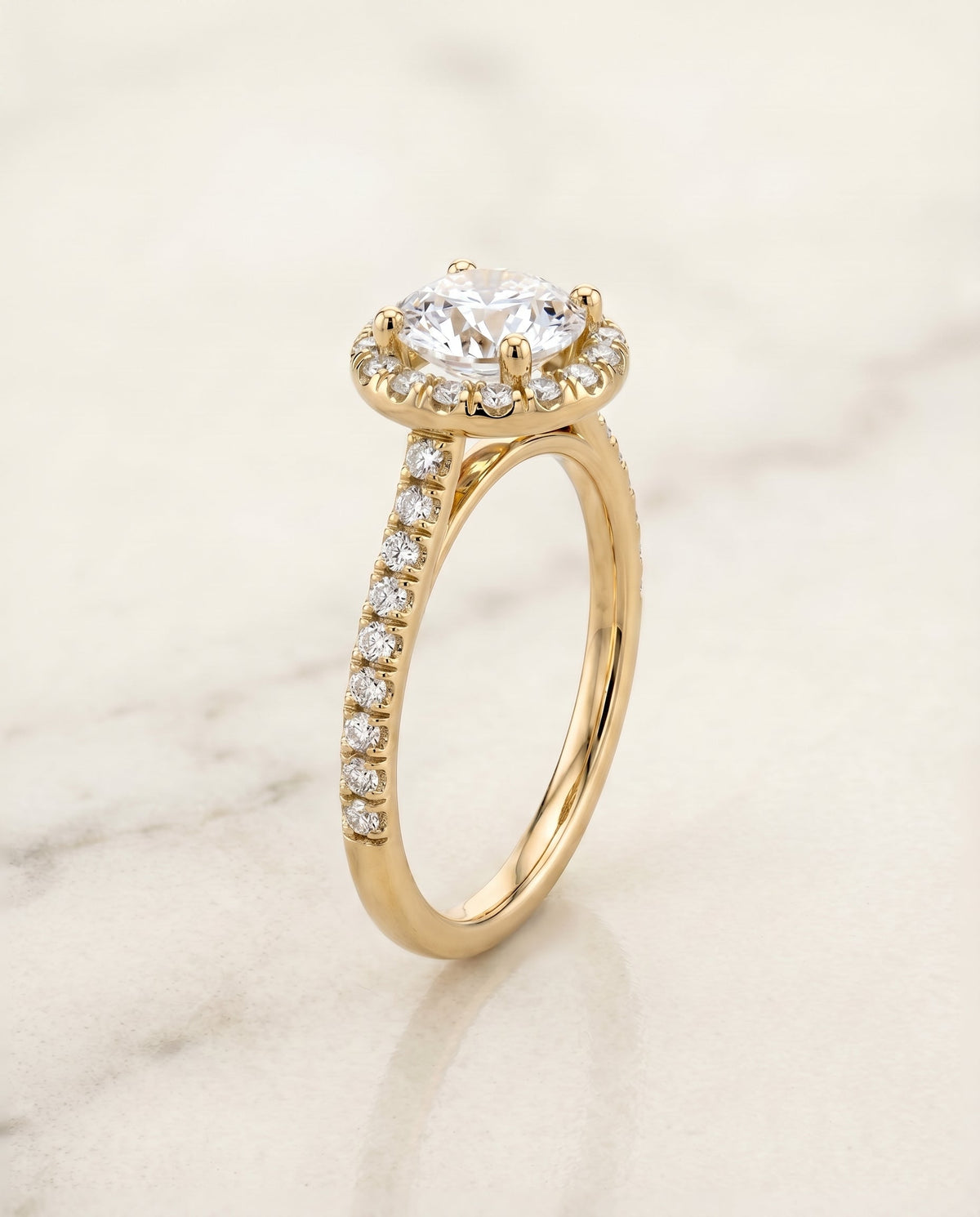 Sade Select Halo Round Lab Diamond Engagement Ring in 18K Yellow Gold, front view | RockHer