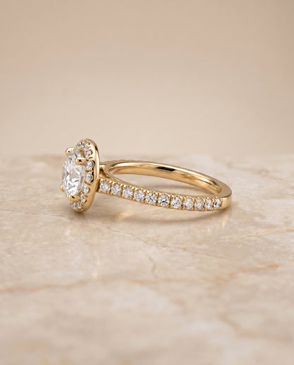 The Sade Classic French Pavé Halo Linear Round Engagement Ring Setting in 18K Yellow Gold