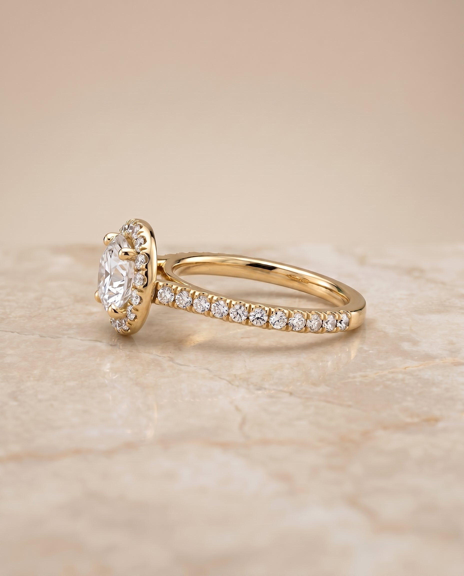 Sade Select Halo Round Lab Diamond Engagement Ring in 18K Yellow Gold, side view | RockHer