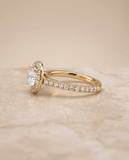 Sade Select Halo Round Lab Diamond Engagement Ring in 18K Yellow Gold, side view | RockHer