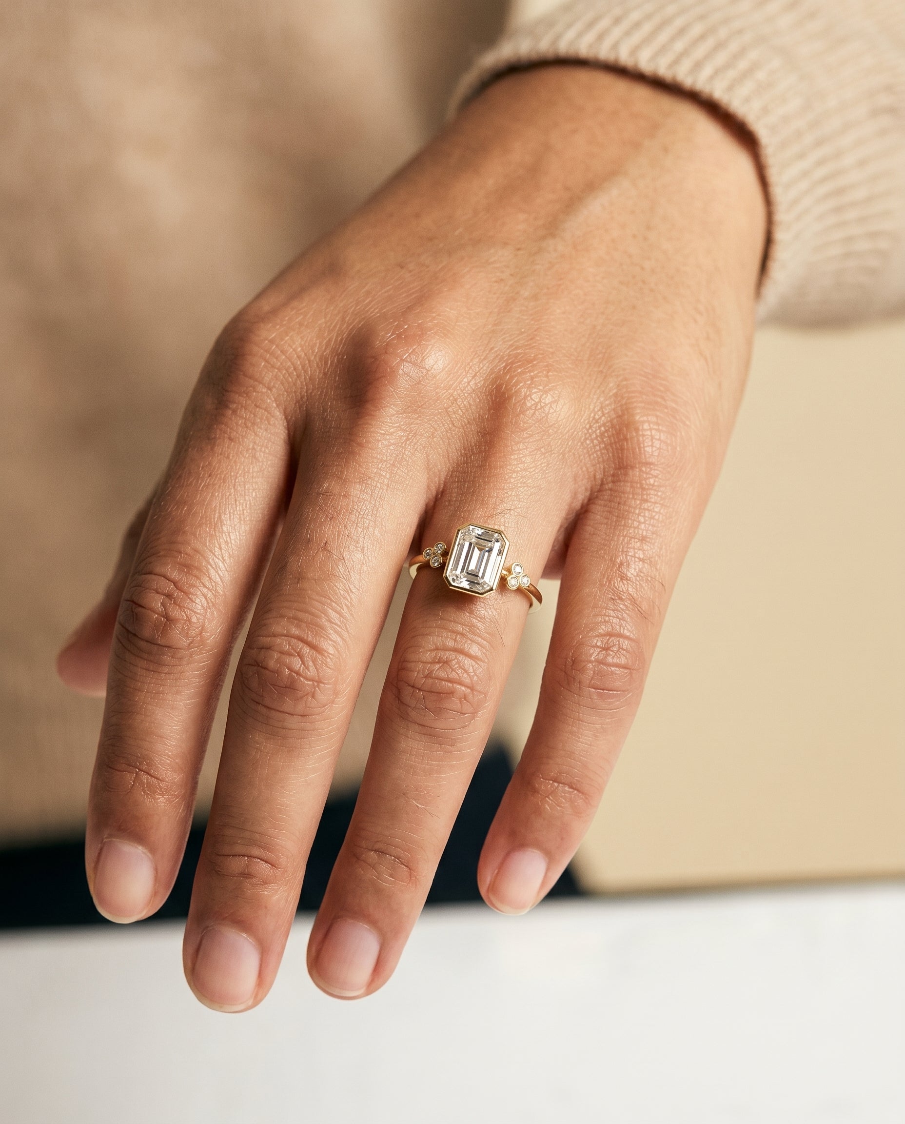 The Selena engagement ring setting in 18K Yellow Gold, clover bezel accent solitaire cut design | RockHer