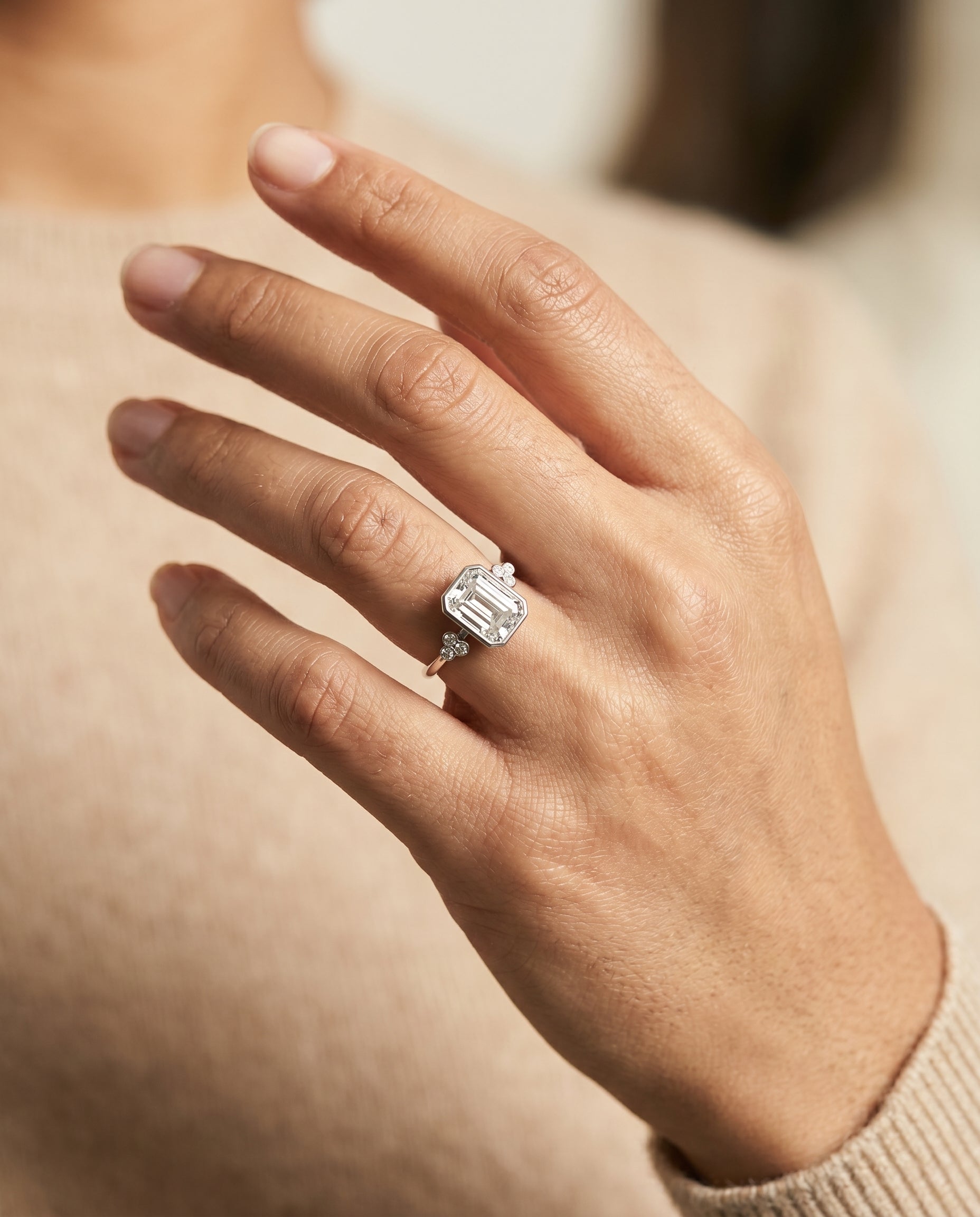 The Selena engagement ring setting in Platinum, clover bezel accent solitaire cut design | RockHer