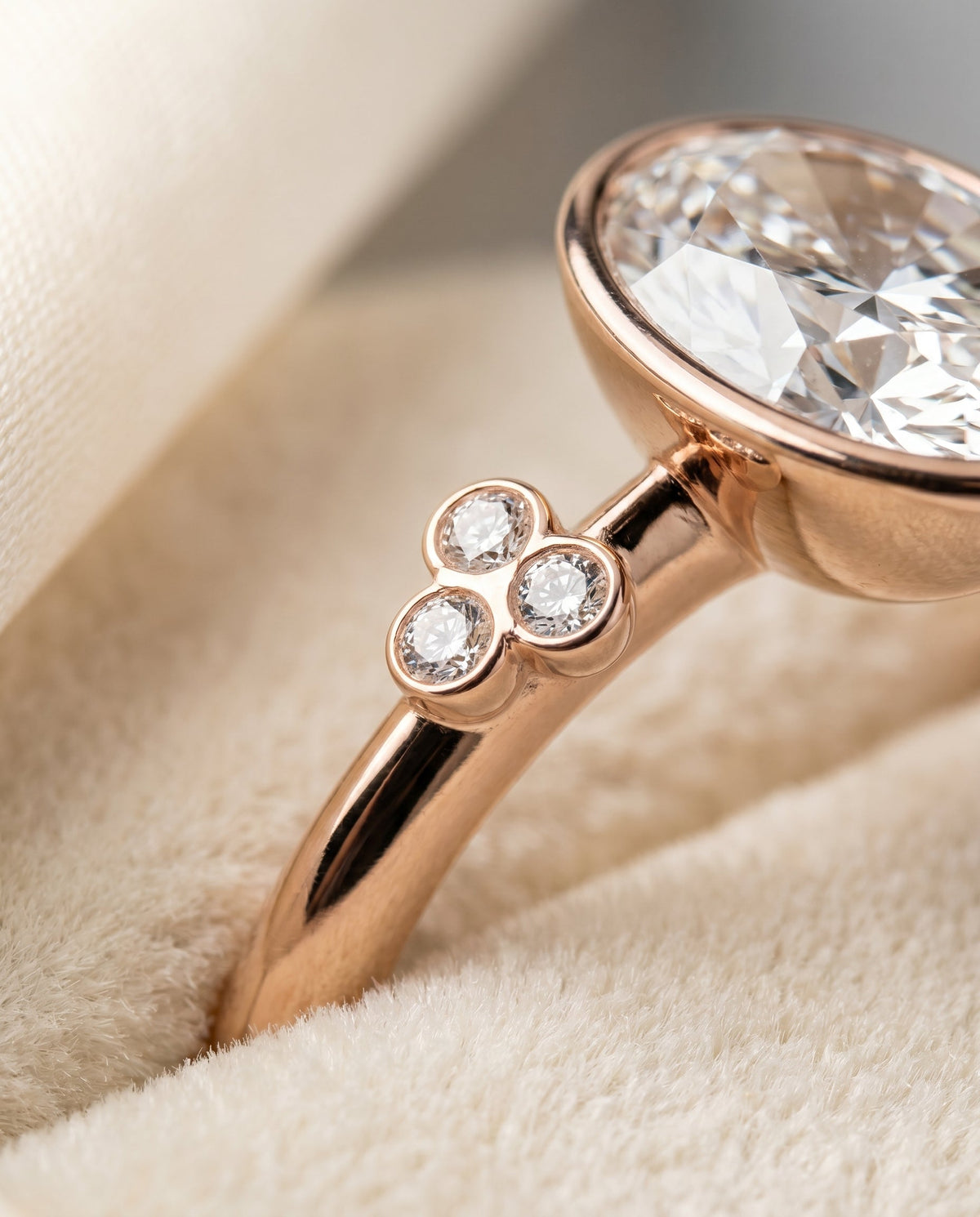Selena Select Clover Bezel Accent Solitaire Oval Lab Diamond Engagement Ring in 14K Rose Gold, detail view | RockHer