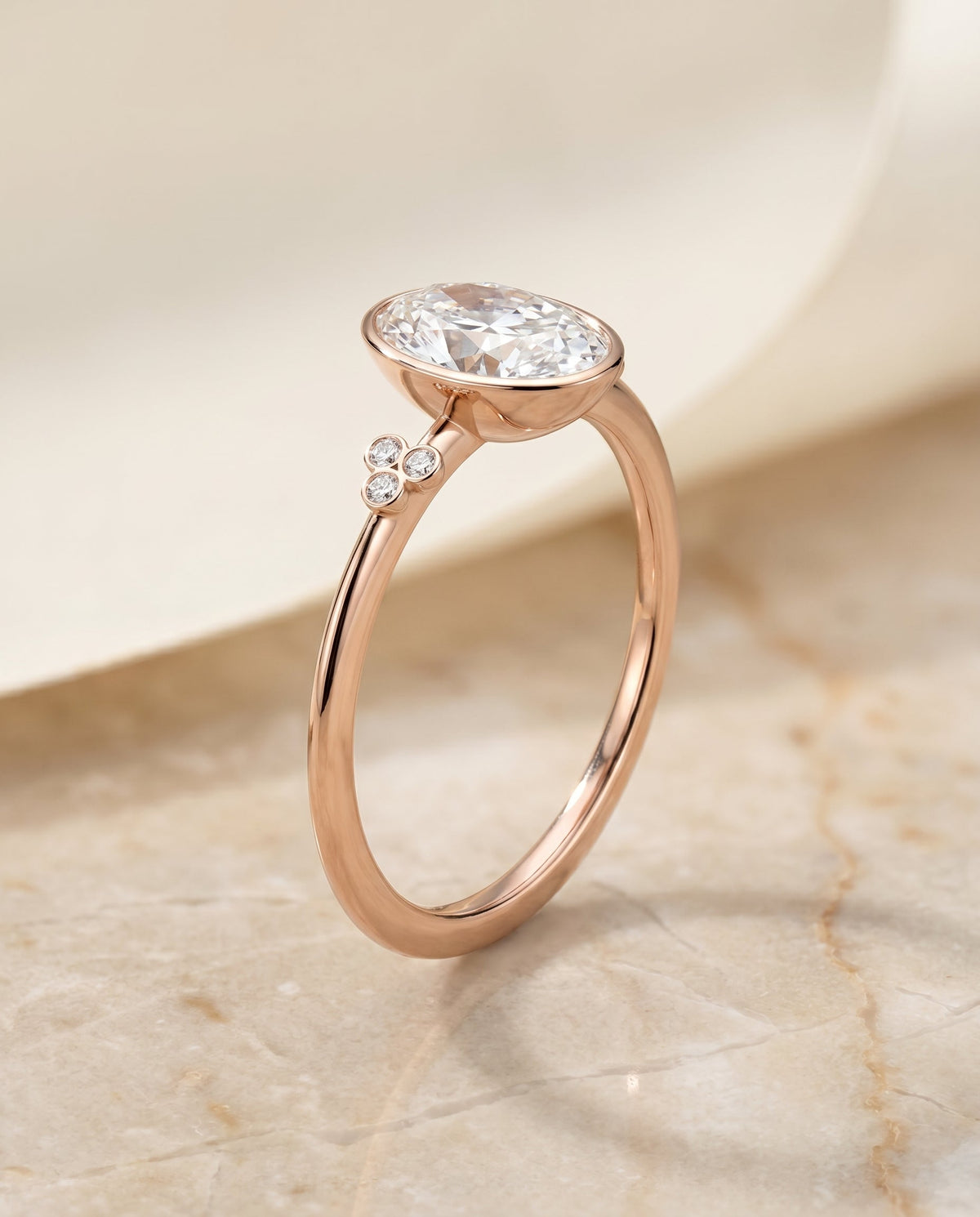 Selena Select Clover Bezel Accent Solitaire Oval Lab Diamond Engagement Ring in 14K Rose Gold, front view | RockHer