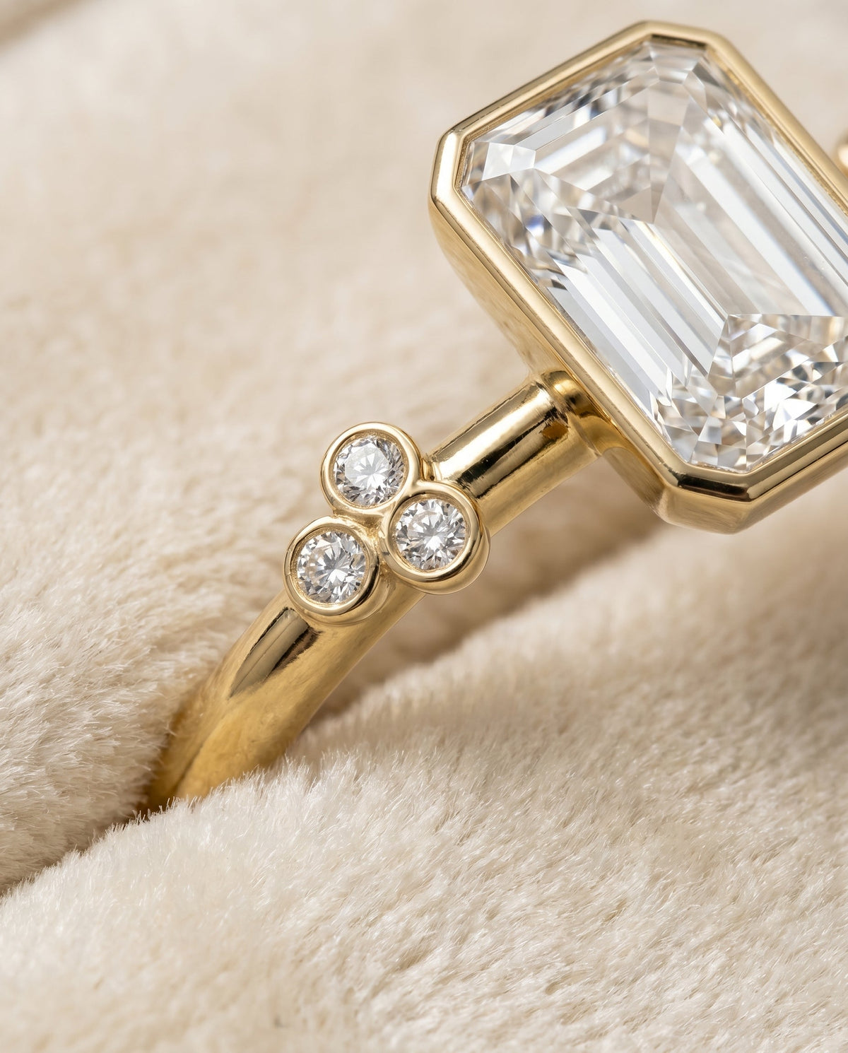 Selena Select Clover Bezel Accent Solitaire Radiant Cut Lab Diamond Engagement Ring in 18K Yellow Gold, detail view | RockHer