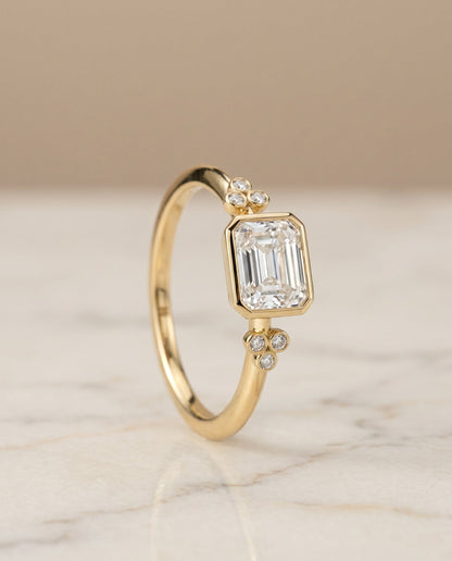 Selena Select Clover Bezel Accent Solitaire Radiant Cut Lab Diamond Engagement Ring in 18K Yellow Gold, front view | RockHer