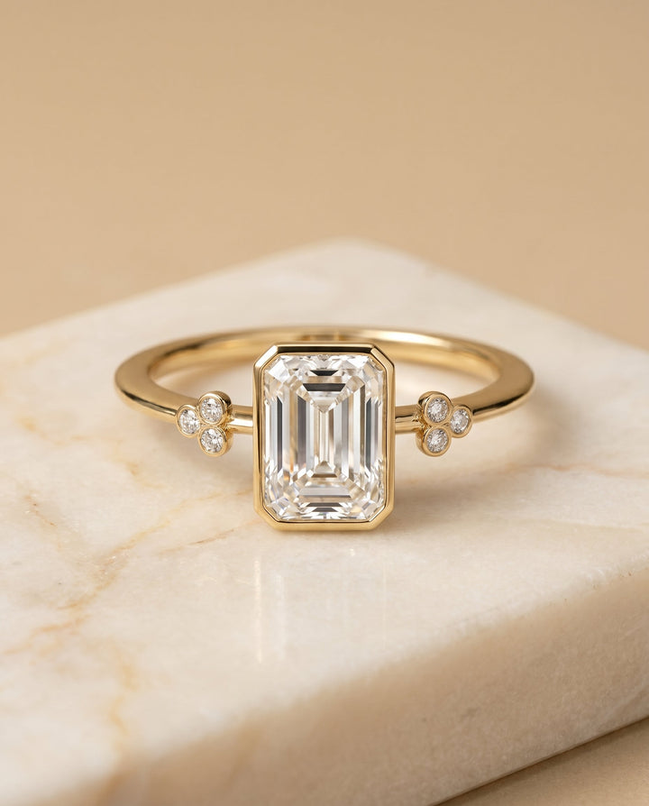 Selena Select Clover Bezel Accent Solitaire Radiant Cut Lab Diamond Engagement Ring in 18K Yellow Gold, shown on hand, angled | RockHer