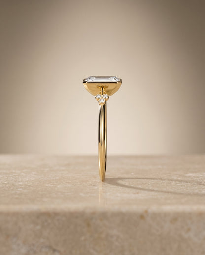 The Selena Clover Bezel Accent Solitaire Radiant Cut Engagement Ring Setting in 18K Yellow Gold