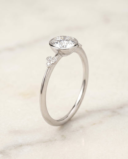 Selena Select Clover Bezel Accent Solitaire Round Lab Diamond Engagement Ring in 18K White Gold, front view | RockHer