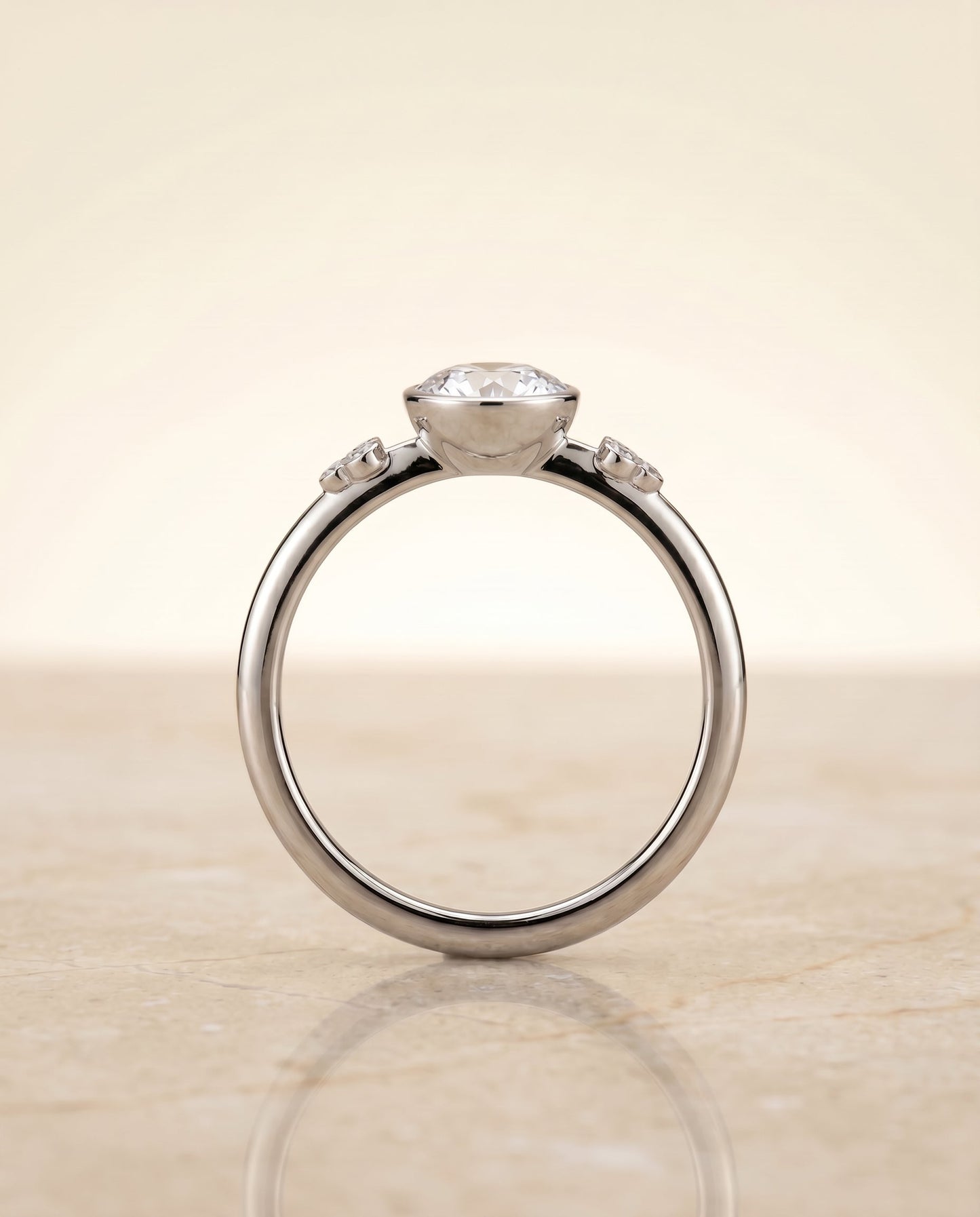 Selena Select Plat Bezel Set Oval Engagement Ring With 6 Clover Bezel Set Round  – view 5
