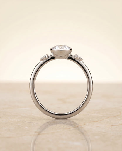 Selena Select Clover Bezel Accent Solitaire Round Lab Diamond Engagement Ring in 18K White Gold, side view | RockHer