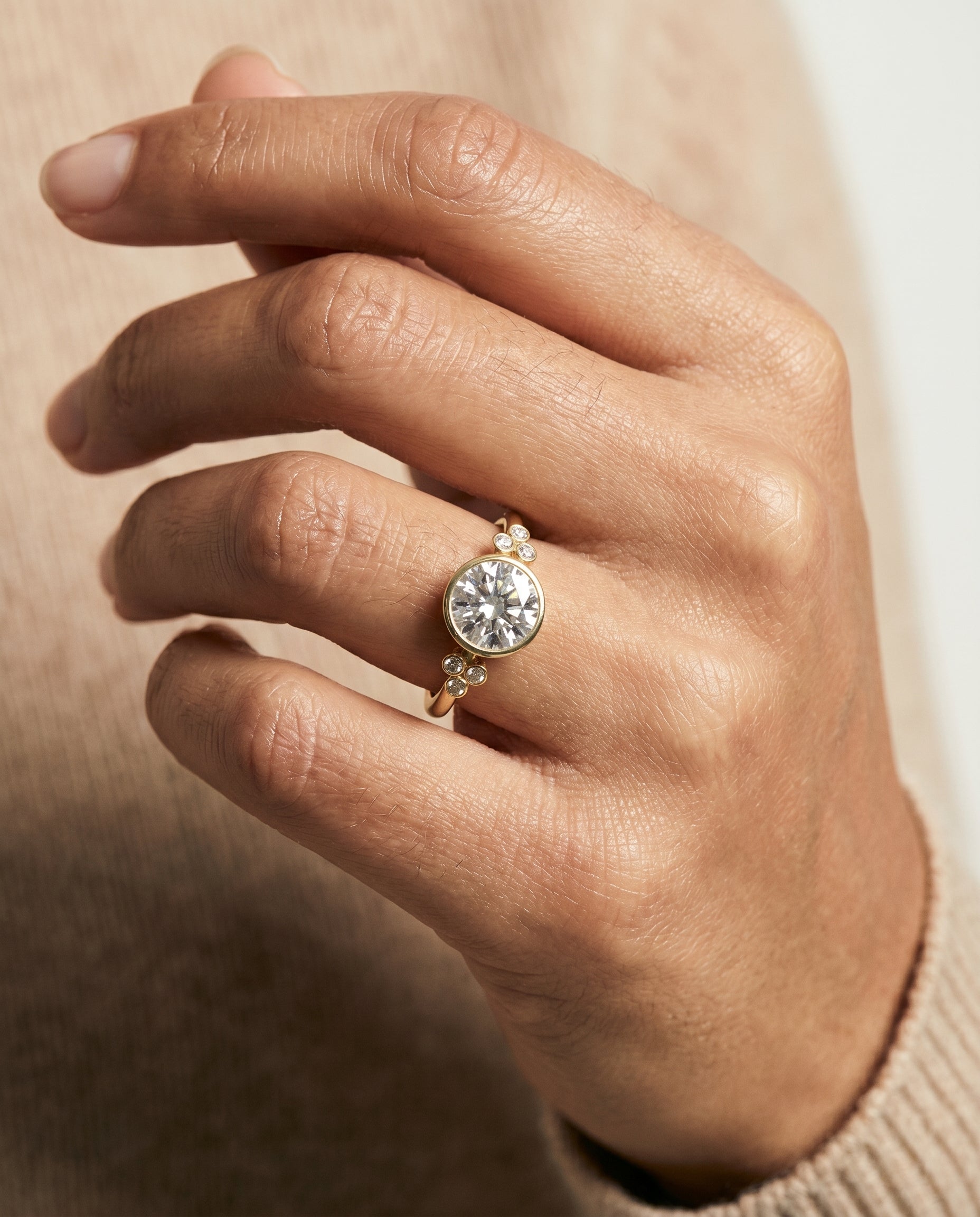 The Selena engagement ring setting in 18K Yellow Gold, clover bezel accent solitaire design | RockHer