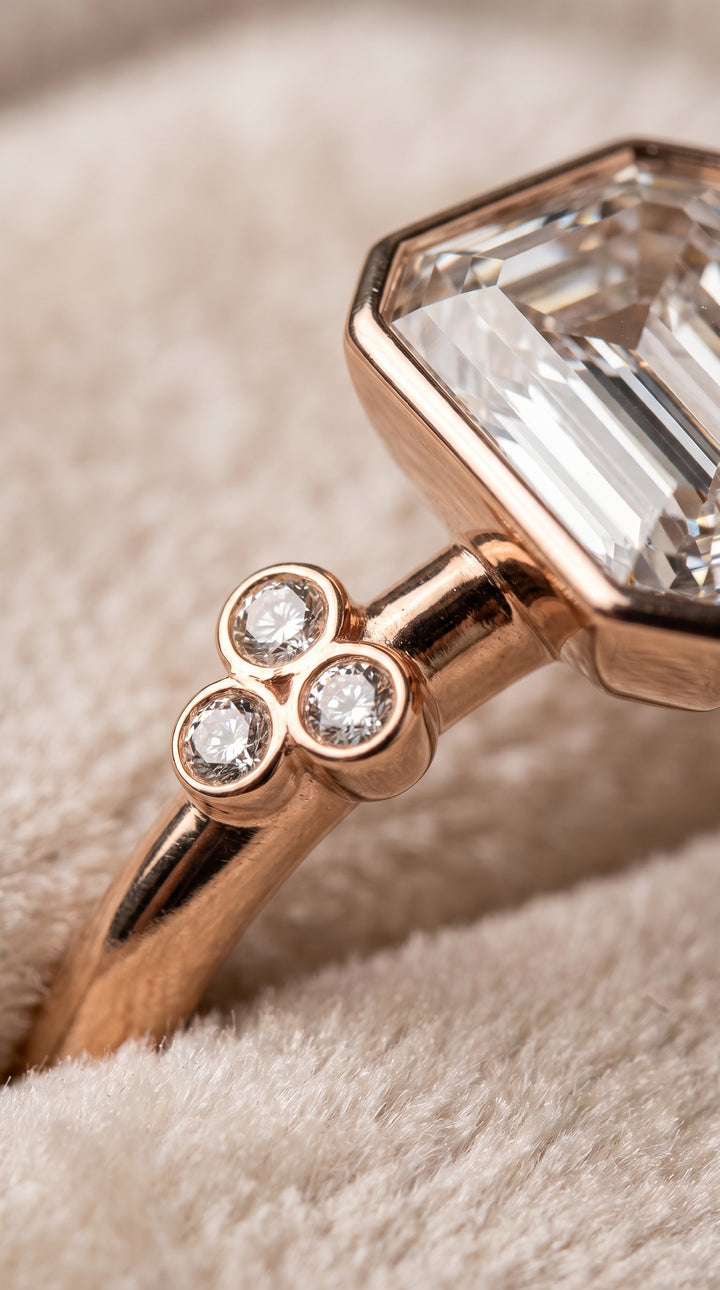 The Selena Clover Bezel Accent Solitaire Emerald Cut Engagement Ring Setting in 14K Rose Gold