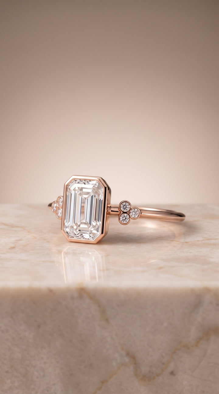 The Selena Clover Bezel Accent Solitaire Emerald Cut Engagement Ring Setting in 14K Rose Gold