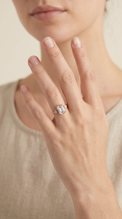 The Selena Clover Bezel Accent Solitaire Emerald Cut Engagement Ring Setting in 14K Rose Gold