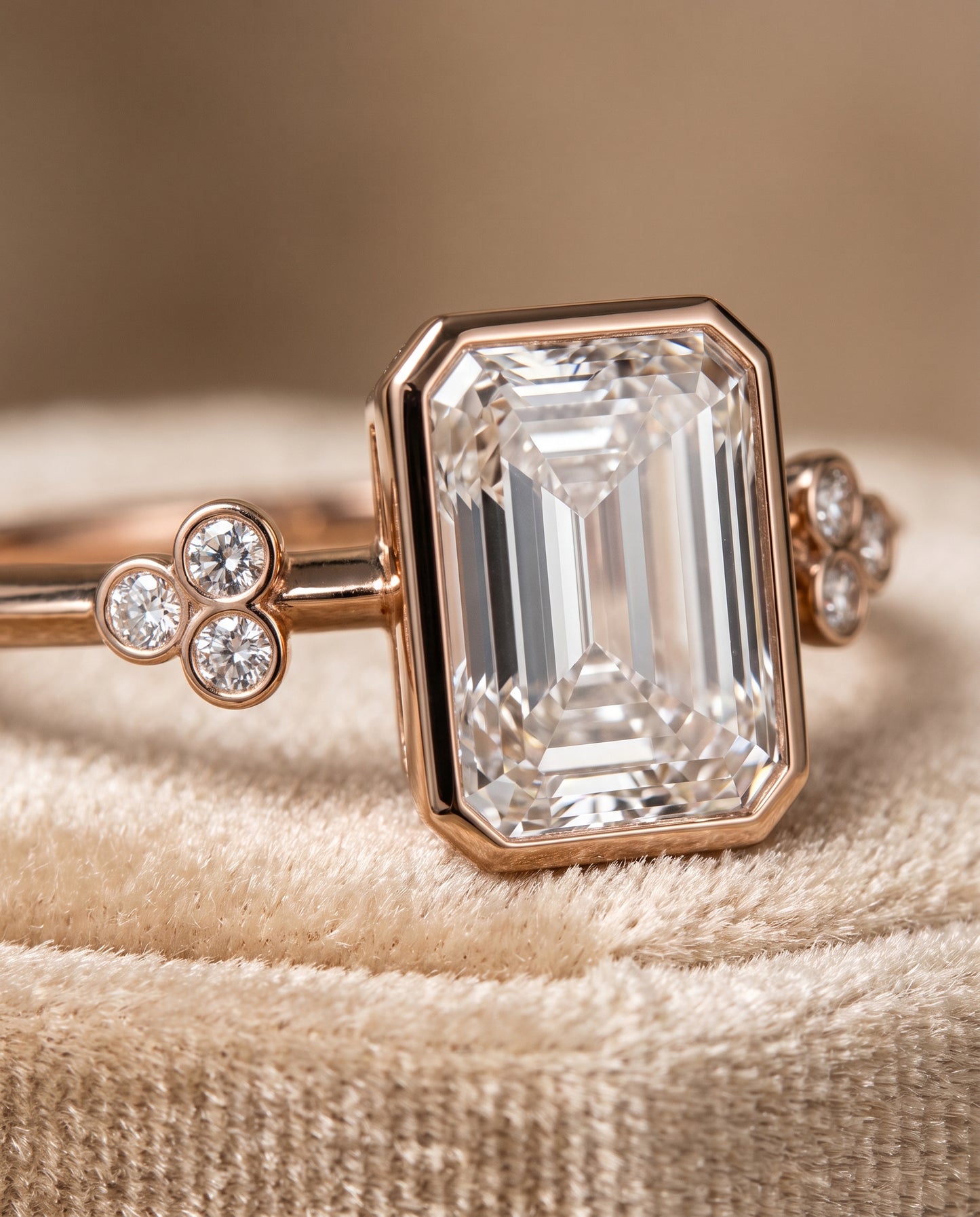 The Selena Clover Bezel Accent Solitaire Radiant Cut Engagement Ring Setting in 14K Rose Gold