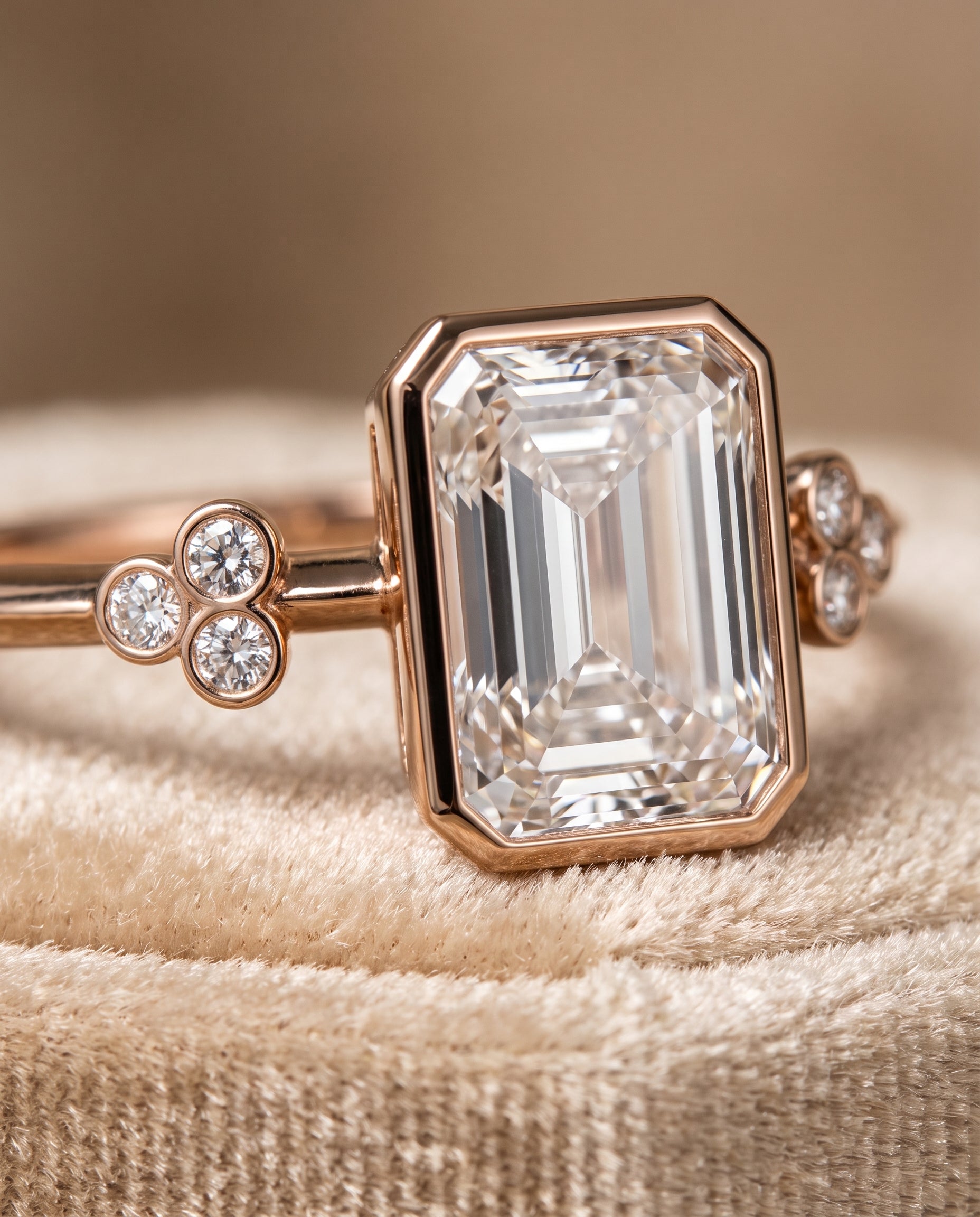 The Selena Clover Bezel Accent Solitaire Radiant Cut Engagement Ring Setting in 14K Rose Gold