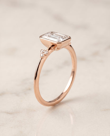 The Selena Clover Bezel Accent Solitaire Radiant Cut Engagement Ring Setting in 14K Rose Gold