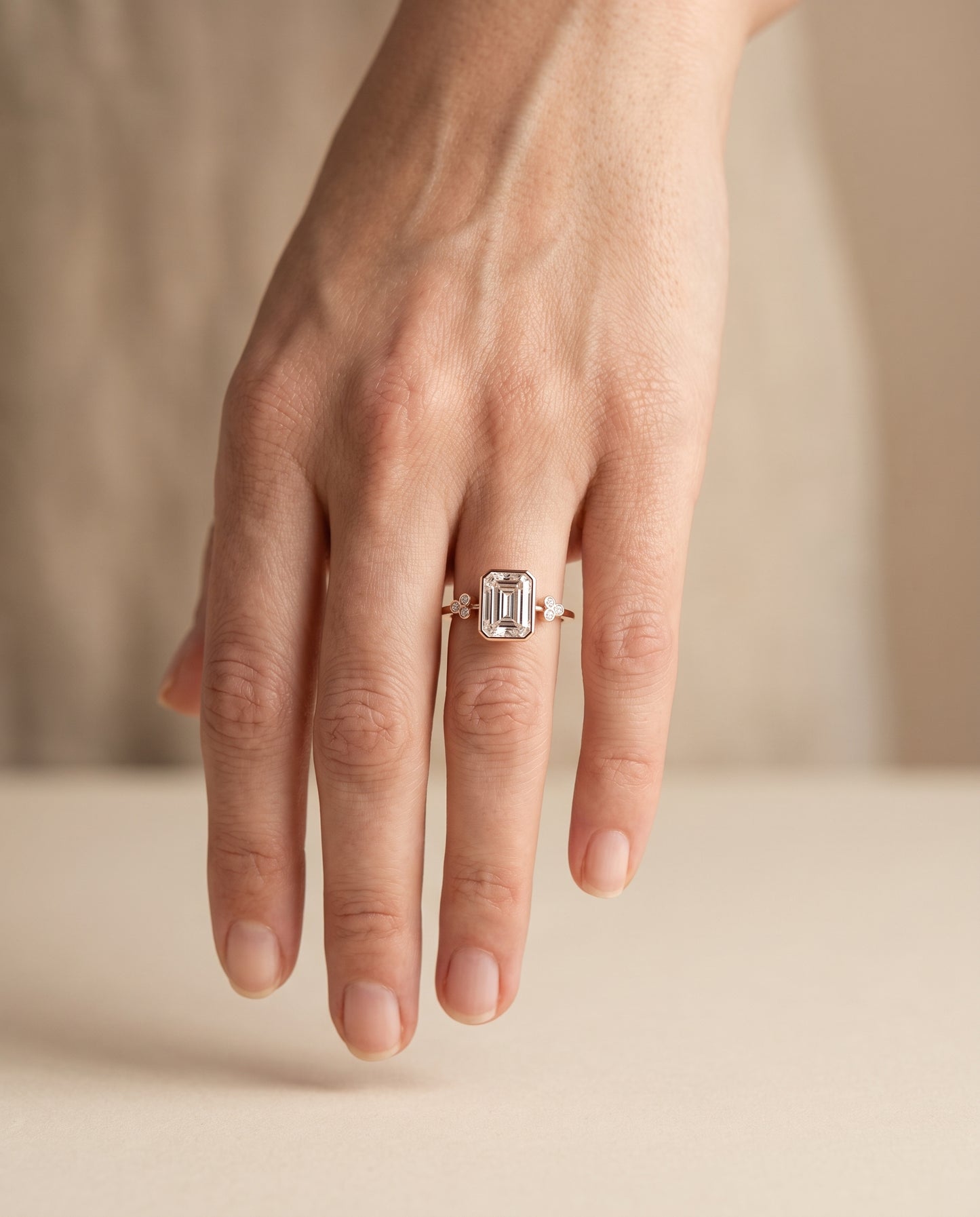 The Selena Clover Bezel Accent Solitaire Radiant Cut Engagement Ring Setting in 14K Rose Gold